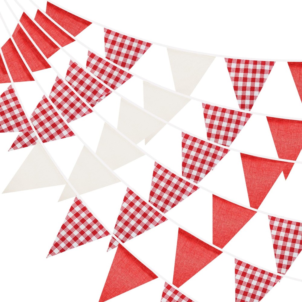 Red and White Gingham Fabric Bunting Banner, 32Ft Cotton Burlap Triangle Garl…