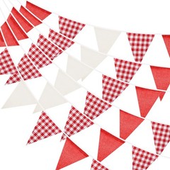 Red and White Gingham Fabric Bunting Banner, 32Ft Cotton Burlap Triangle Garl…