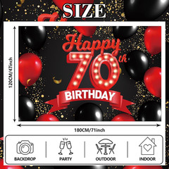 Happy 70Th Birthday Red and Black Banner Backdrop Decorations Balloons Theme Dec