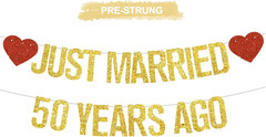 Gold Glitter Just Married 50 Years Ago Banner,No Diy,Pre-Strung 50Th Wedding Ann
