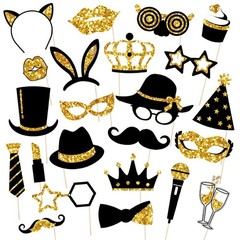 Black and Gold Party Photo Booth Props,24 Pieces Photobooth Picture Pose Sign…