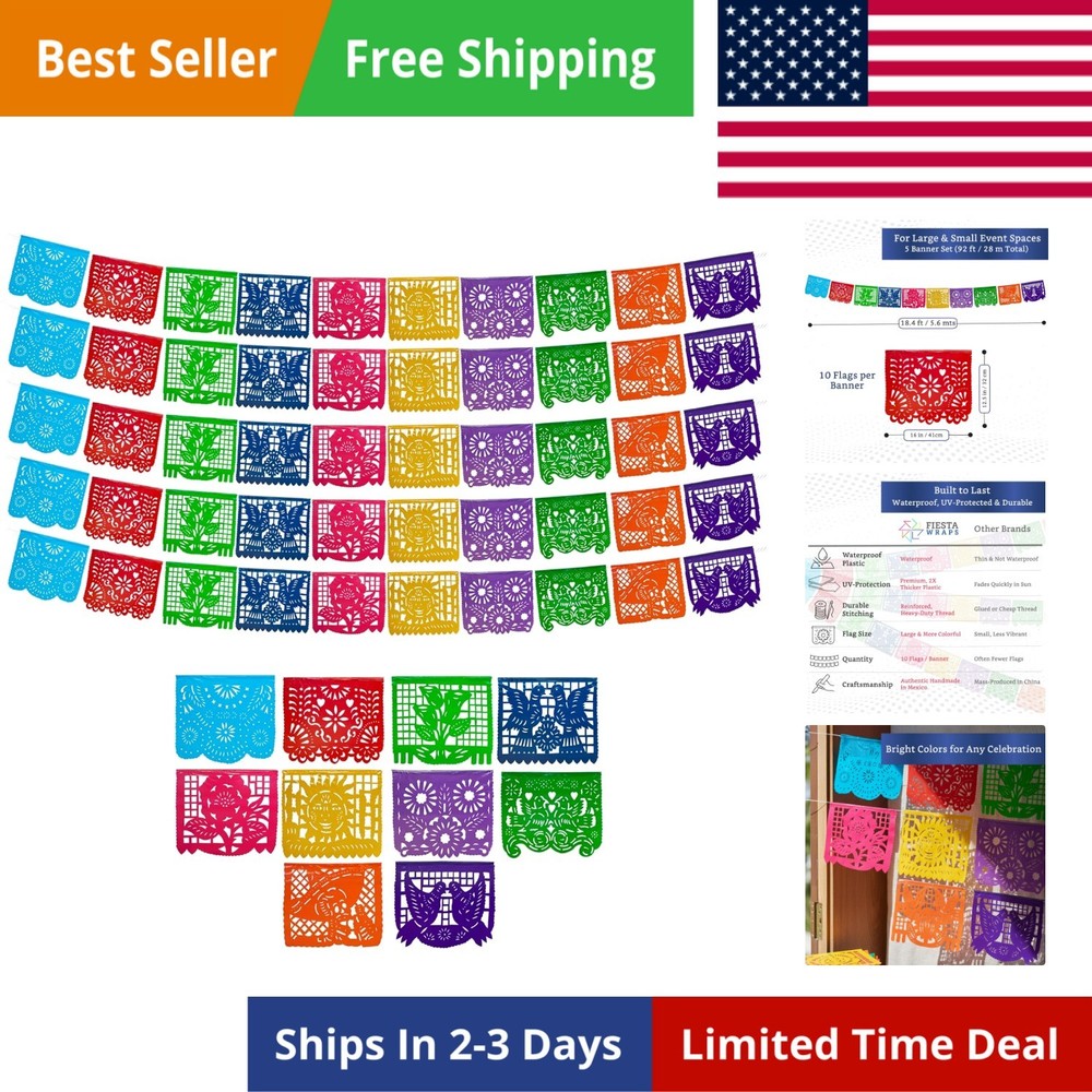 Mexican Party Banners 5 Pack with 10 Plastic Flags per Banner – Papel Picado …