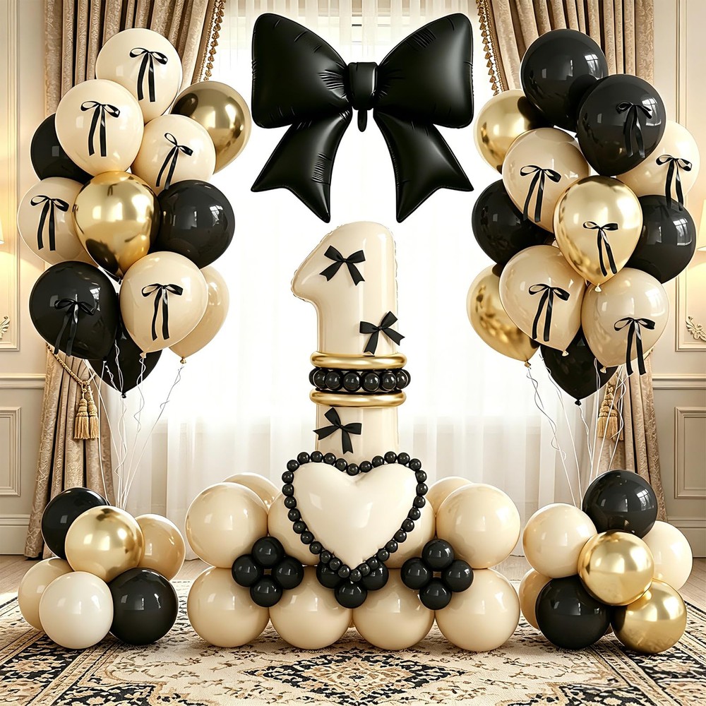 Black Bow 1st Decorations, White Sand Black Gold Balloons with Bow Heart Numb…