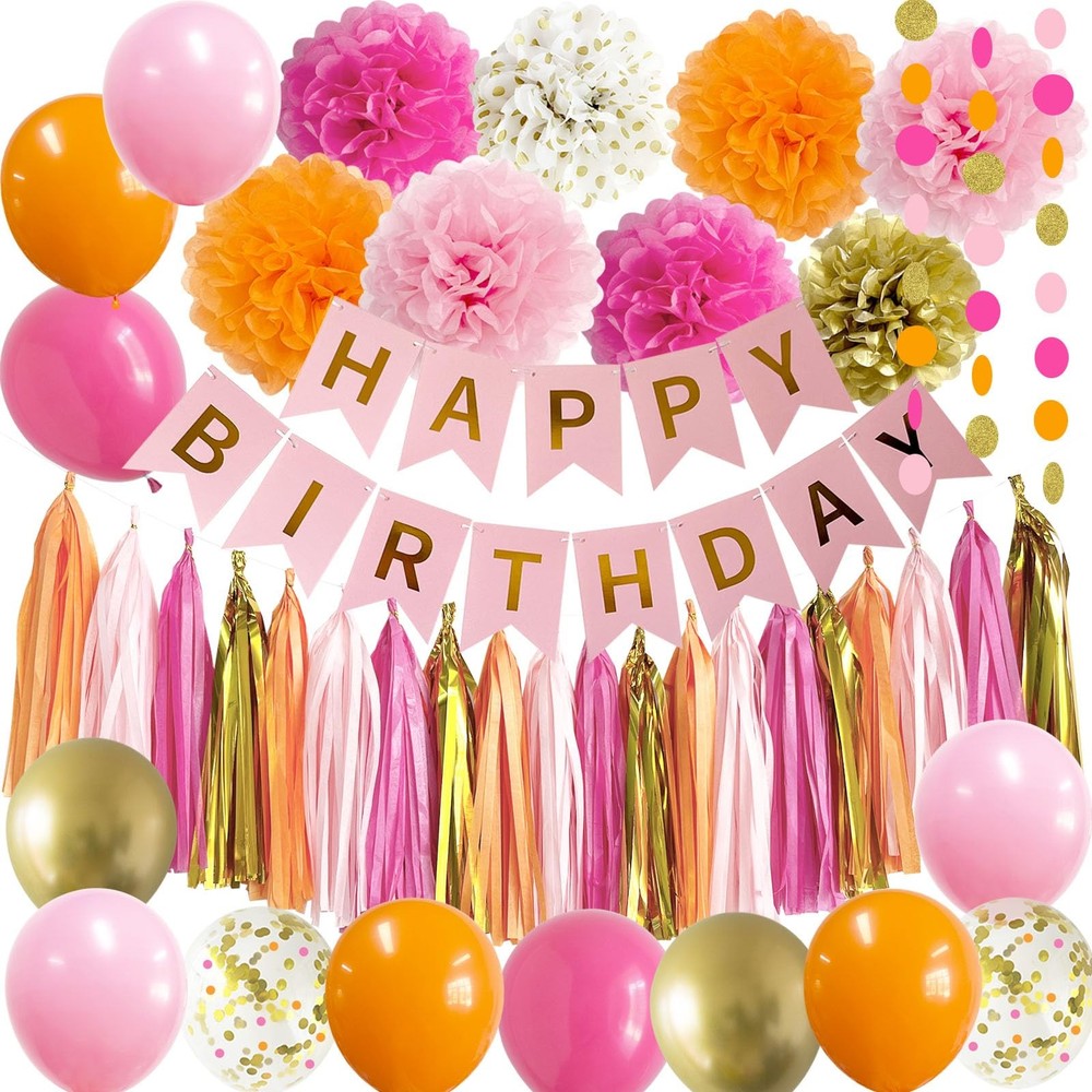 Pink and Orange Happy Birthday Party Decorations Hot Pink Gold Banner Balloon…