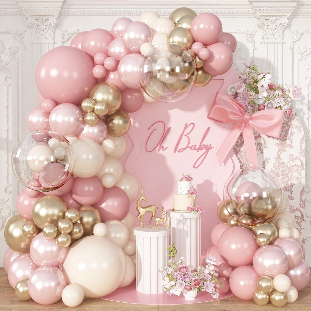 Dusty Pink Balloon Garland Arch Kit, Double Pearl Pink White and Gold Balloon…