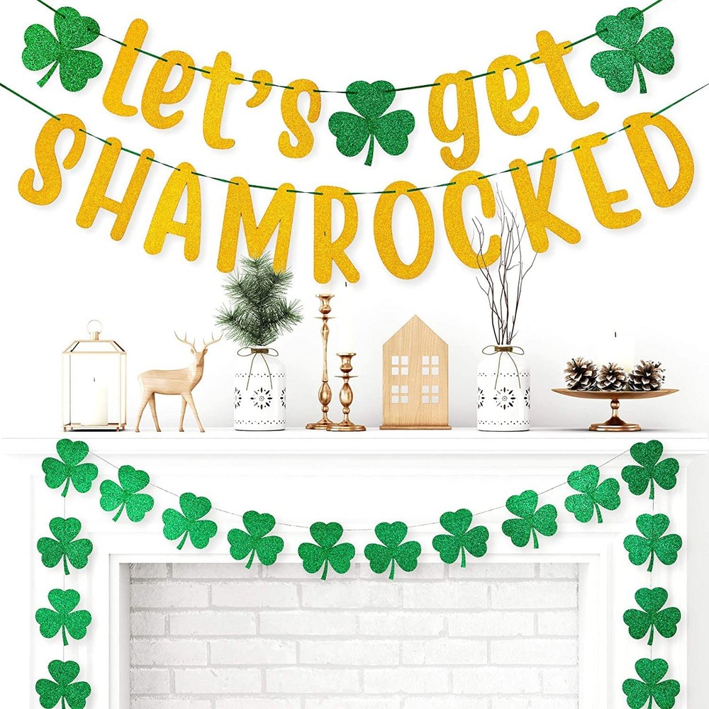 3pcs St. Patrick’s Day Banner Decoration 7.5 Inch Gold Glittery Let’s Get Sham