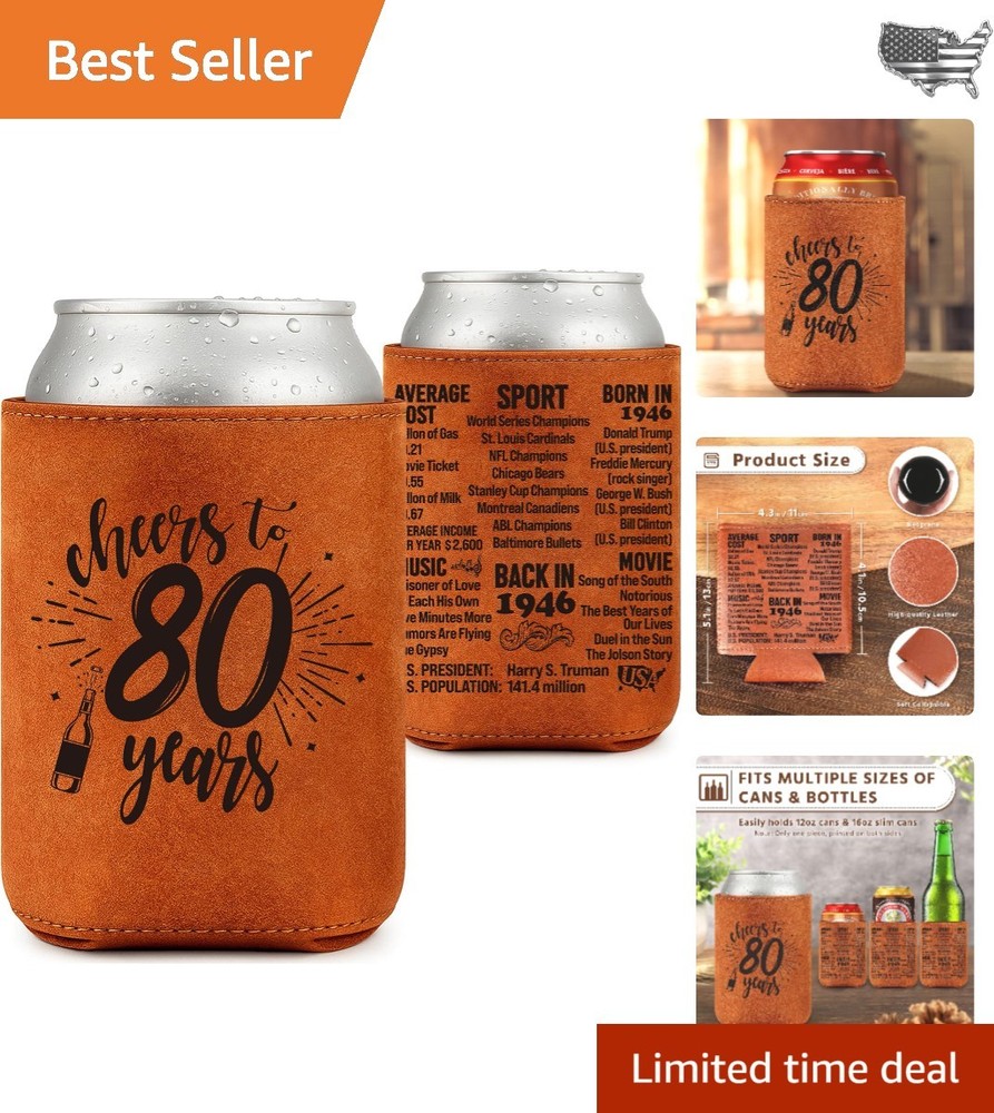 Funny 80th Birthday Gift – Vintage 1946 Leather Beer Cooler Sleeve for Him/Her