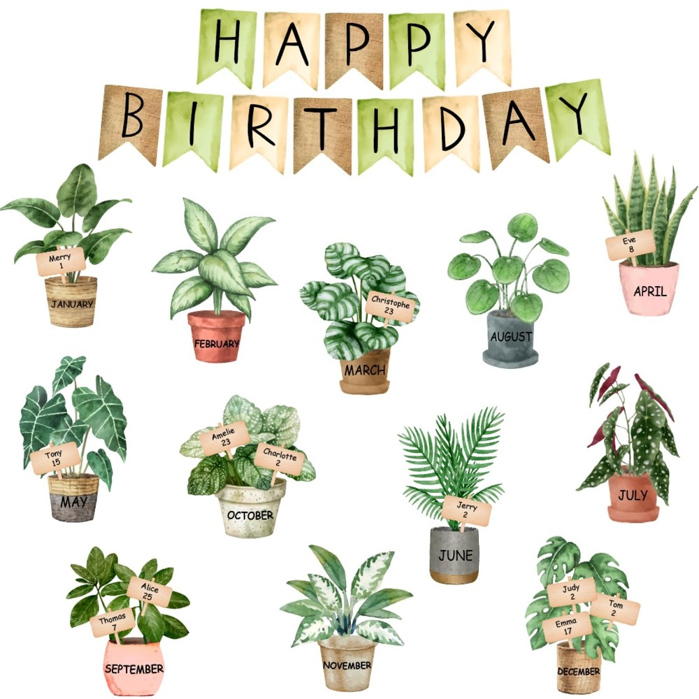 65 PCS Greenery Happy Birthday Bulletin Board Set Watercolor Potted Plant Cutout