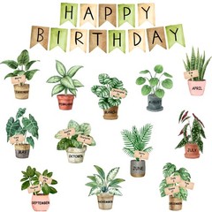 65 PCS Greenery Happy Birthday Bulletin Board Set Watercolor Potted Plant Cutout