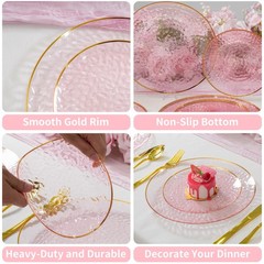72Pcs Pink Plastic Plates, Pink Disposable Plates With Gold Rim, Hammered Par…