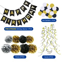 Happy Birthday Banner Party Decorations – Black Gold Decor Supplies Kit for Kids