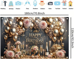Luxury Happy Birthday Backdrop Black Gold Party Decoration Elegant Balloon Champ