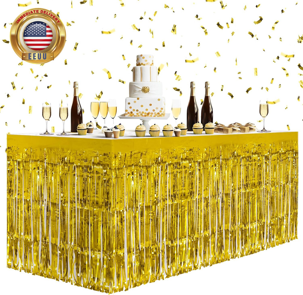 2 Pack Gold Table Skirts, 29X108″ Metallic Foil Tinsel Fringe Table Skirts for R