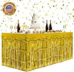 2 Pack Gold Table Skirts, 29X108″ Metallic Foil Tinsel Fringe Table Skirts for R