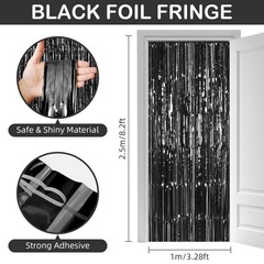 Black Fringe Curtain Party Streamers 12 Pack 3.3×8.2 Ft Foil Backdrop Tinsel