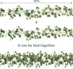 2 Pack 13Ft Artificial Eucalyptus Flower Garland with White Roses, Fake Rose