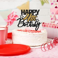 Happy 4th Birthday Cake Topper Black Gold Glitter Boy Girl Kids Party Decor