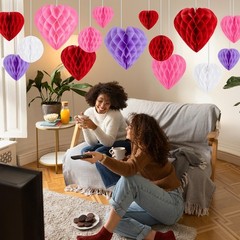 21Pcs Valentines Party Heart Decorations – Red Pink White Purple Paper Honeyc…