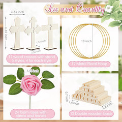 48 Pcs Baptism Centerpieces for Tables, 12 Wooden Cross Floral Hoop with Roses D