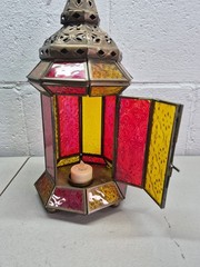 Ramadan Lantern Brass Finish Stained Glass Red Yellow 13″ Moroccan Hanging Lamp