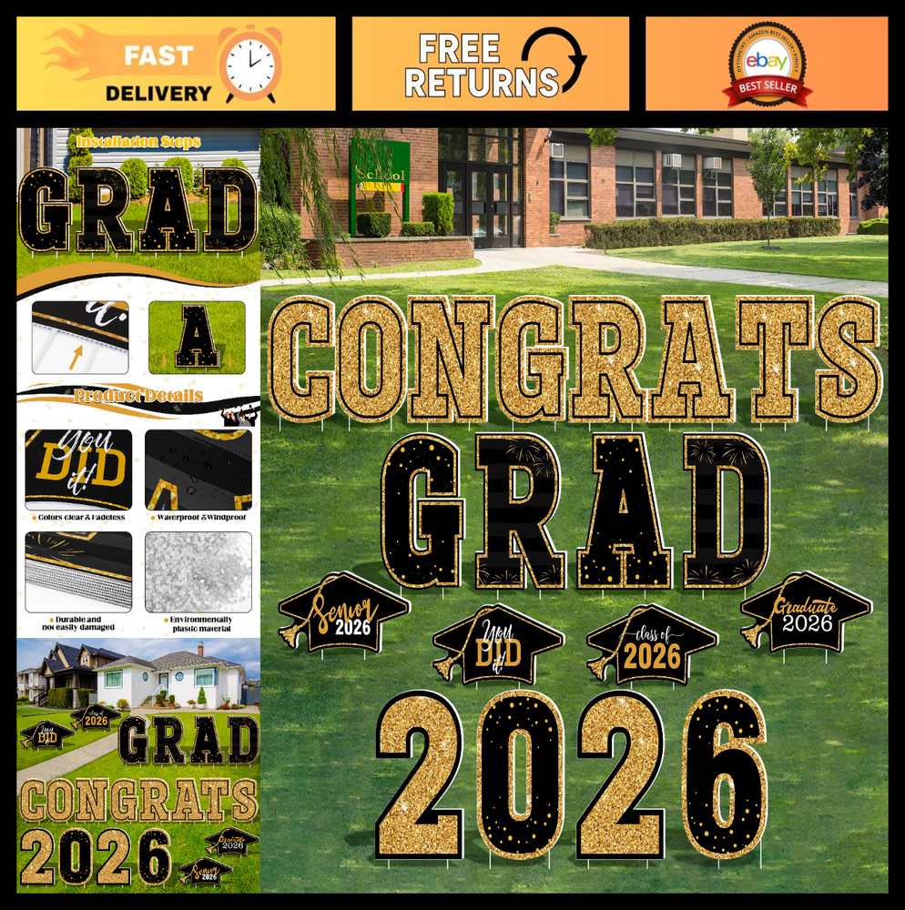 20 PCS Graduation Yard Signs – Black Gold Congrats Grad Lawn Stakes, Class of 20