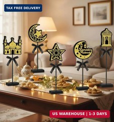 Huwena 6 Pcs Ramadan Decorations Eid Mubarak Table Decor Wooden Tall Standing Is