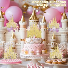 2Pcs Gold Princess Cake Toppers Silver Happy Birthday Cake Toppers Glitter Pa…