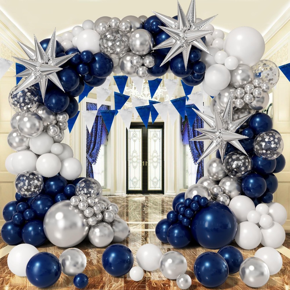 Navy Blue and Silver Balloon Garland Arch Kit 158pcs with Blue White Silver C…