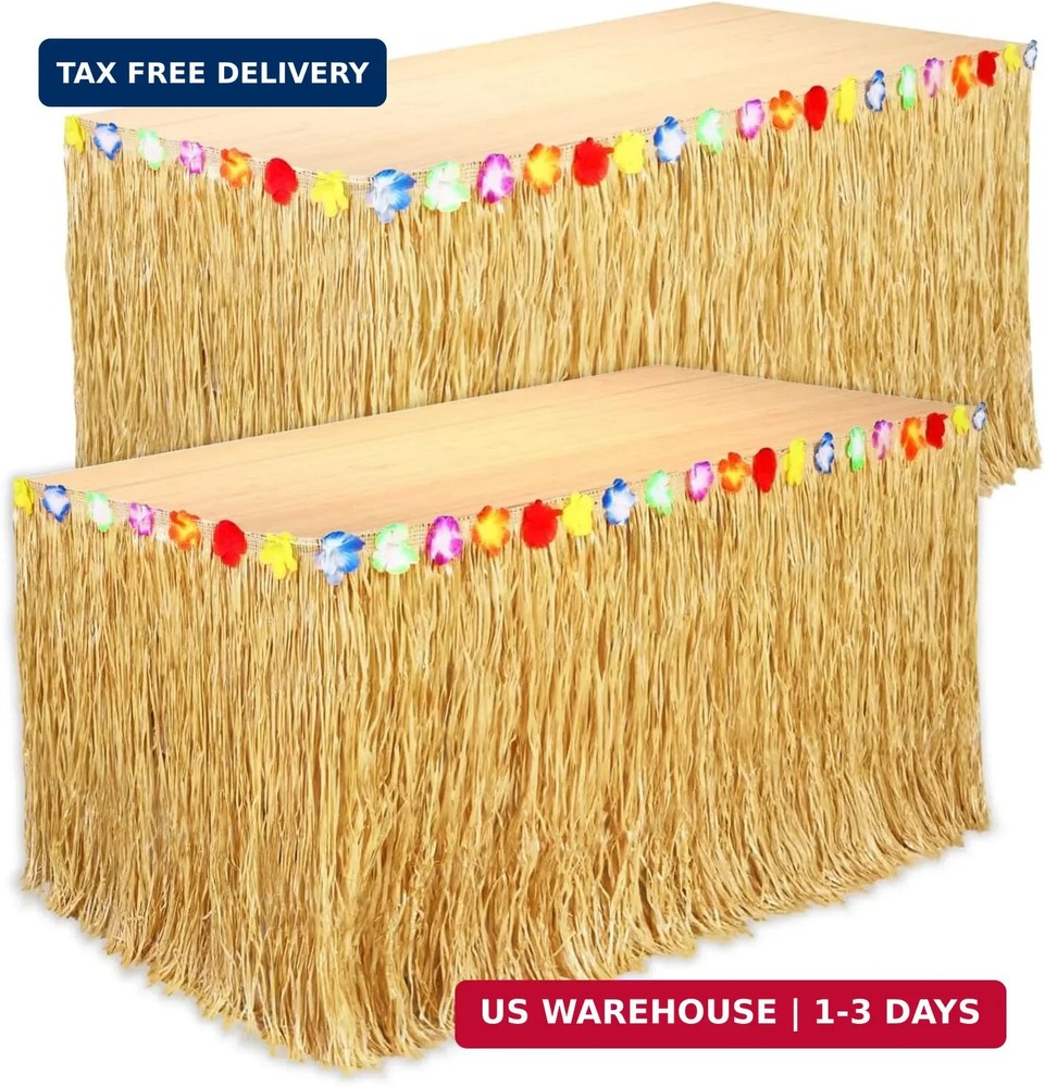 2 Pack Table Skirt Luau Party Decorations, Flower 53.2″ X 29.5″ Grass Table Skir