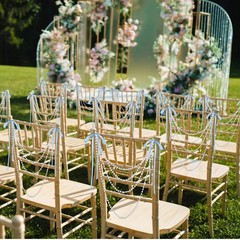 Wonderjune 32 Pcs Wedding Pearl Bow Chair Decor Satin Ribbon Bows Pearl Beaded