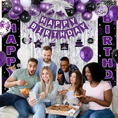 Black and Purple Birthday Decorations for Women Girls, Happy Birthday