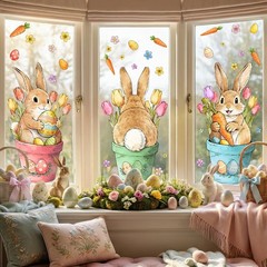 Easter Decorations Window Clings: Cute Little Bunny in the Potted Floral, Rust