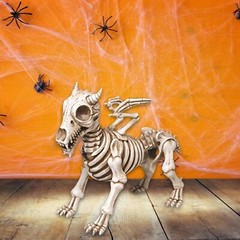 Skeleton Gnome Garden Statue – Skeleton Figurine with Dog Skull & Bones Decor