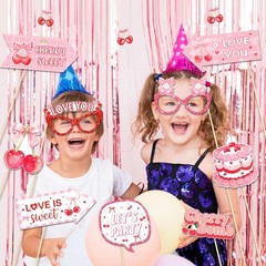 25 PCS Cherry Photo Booth Props Stick Pink Bow Selfie Birthday Party Supplies