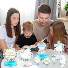 12Pcs Blue Baptism First Communion Party Honeycomb Centerpieces Cross Religio…