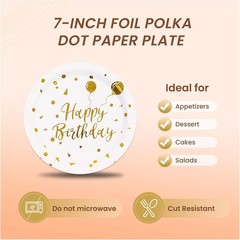 75PCS Happy Birthday Paper Plates – 7 Inch White Gold Dot Paper Plates and 6.5
