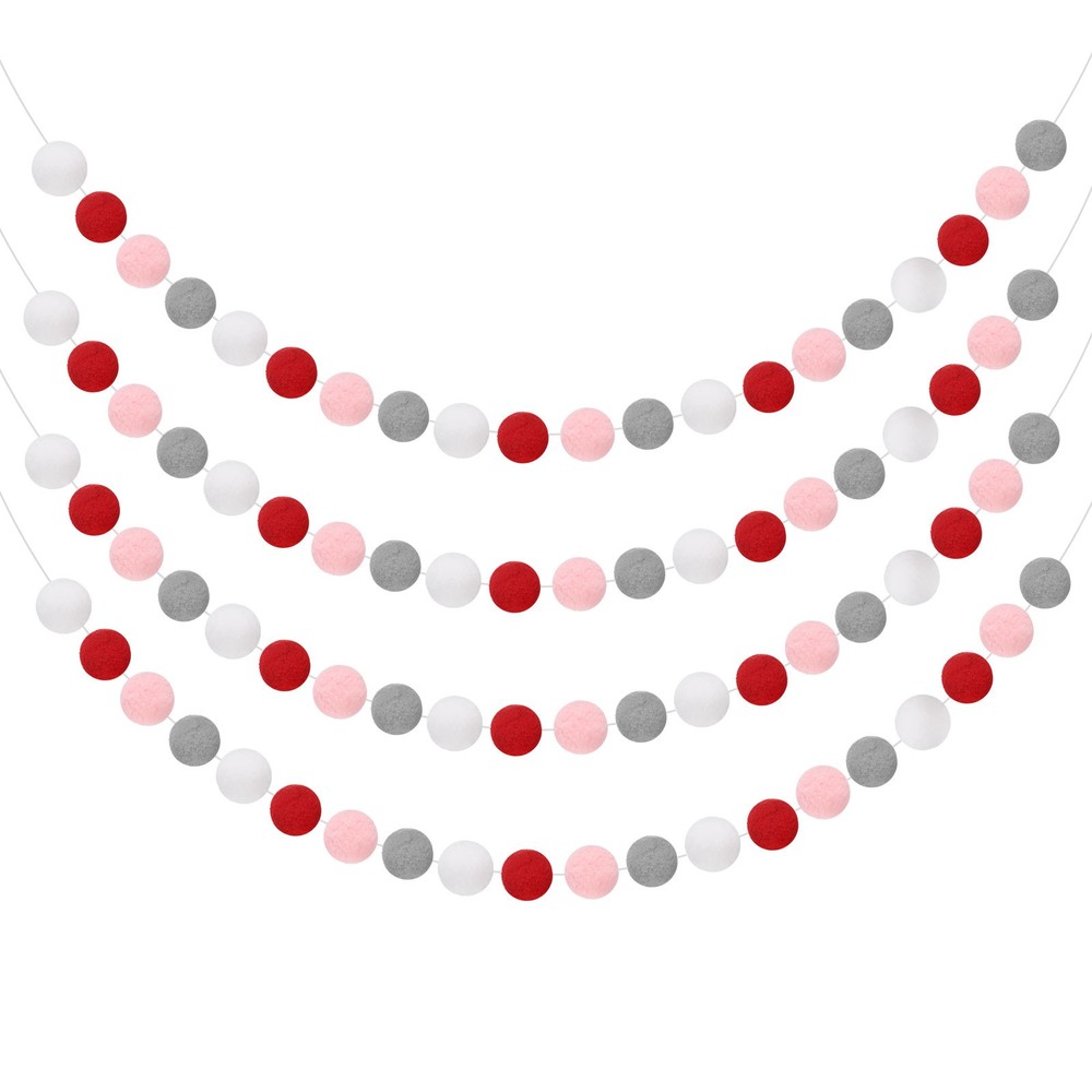 4pcs Pom Pom Garland 6.6 ft 20 Balls for Crafts Decor(Red, Grey, Pink, White)