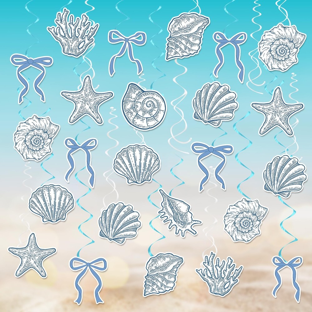 60PCS Blue Bow Starfish Seashell Hanging Swirls Beach Party Decoration Coasta…