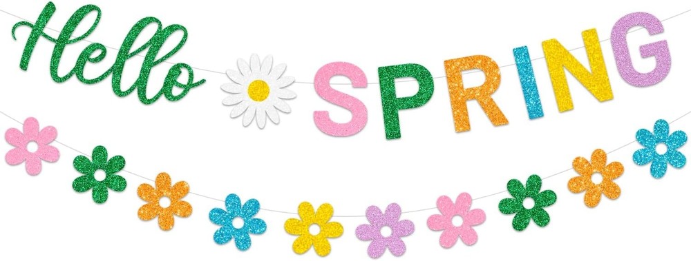 JOZON Hello Spring Banner and Flower Banner Colorful Glittery Spring Flower Bann