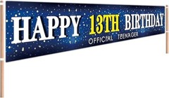 Happy Birthday Official Teenager 13th Long Banner 9.5′ indoor outdoor blue NEW