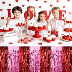 Red Pink Foil Fringe Table Skirts, 4 Pack 108 x 30 inch, Festive Tinsel Table…