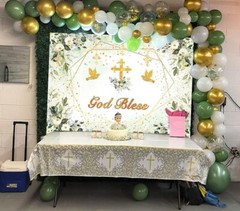 Greenery God Bless Backdrop 7x5ft Baptism Communion Banner Green Gold Decor