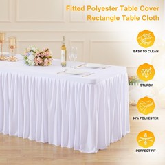 White Polyester Table Clothes for 8 Foot Rectangle Tables, Wrinkle Free Fitted T