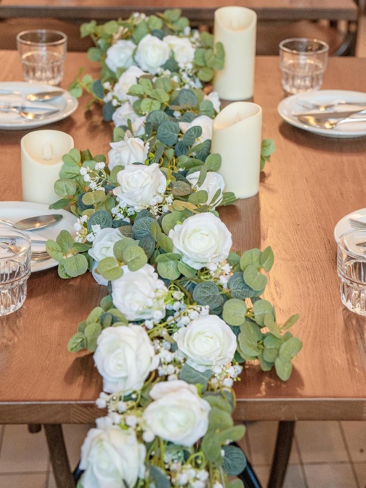 6FT Artificial Eucalyptus Garland with Flowers, 10 White Roses Baby Breath