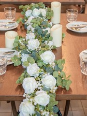 6FT Artificial Eucalyptus Garland with Flowers, 10 White Roses Baby Breath
