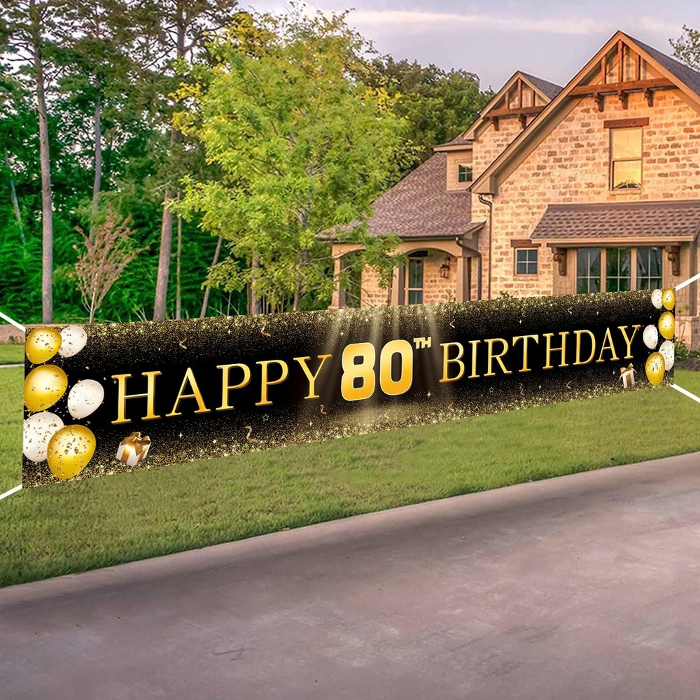 Black & Gold 80th Birthday Banner Decorations – Extra Large Reusable Yard Sig…