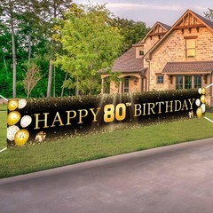 Black & Gold 80th Birthday Banner Decorations – Extra Large Reusable Yard Sig…