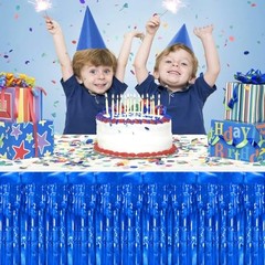 2 Packs Table Skirts Metallic Foil Fringe Tinsel Table 2 PCS-29.5×108 Inch Blue
