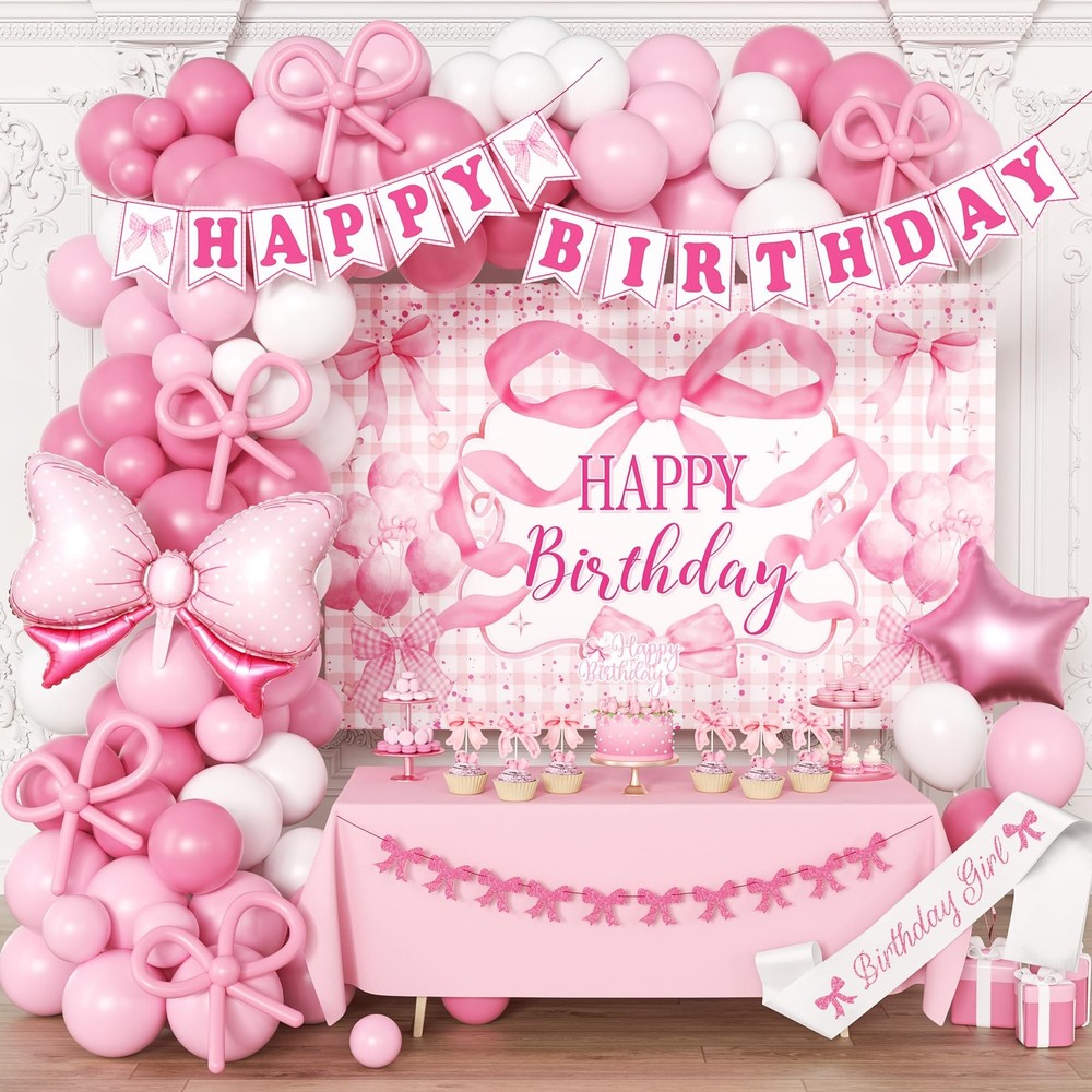 Pink Birthday Party Decorations for women, Backdrop,Pink Bow Balloons Arch,Gl…