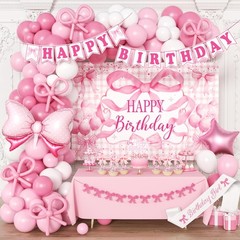 Pink Birthday Party Decorations for women, Backdrop,Pink Bow Balloons Arch,Gl…